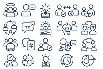Fototapeta premium Monochrome vector icon set of people, ideas, charts, and communication