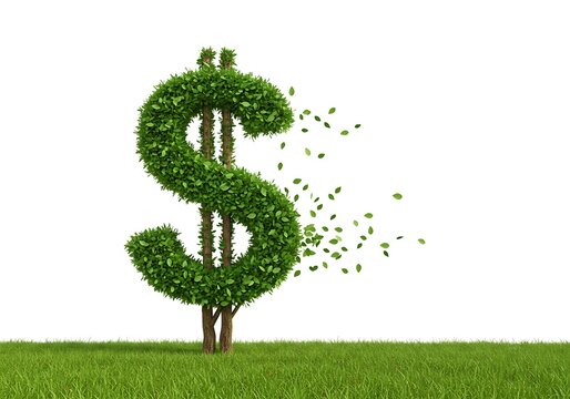 Dollar symbol shaped tree with leaves falling on grass