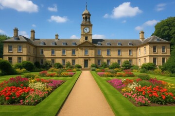 Fototapeta premium A large building with a clock tower in the middle of a garden