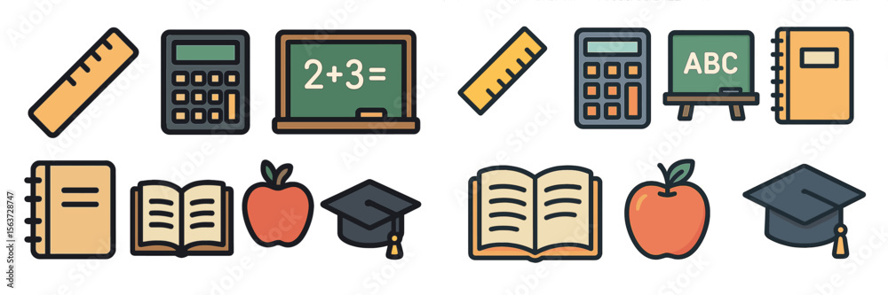 Poster Educational icons representing various school supplies and activities suitable for learning environments and classrooms