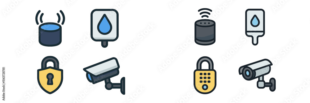 Poster smart home technology icons depicting security and automation devices for enhanced living environmen