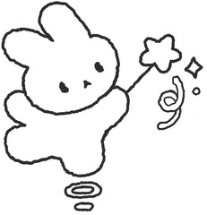 마법 지팡이를 든 귀여운 토끼 라인 드로잉 일러스트