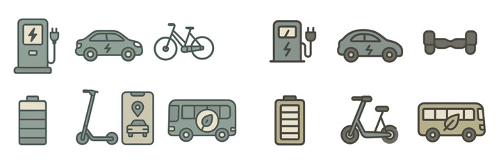 Naklejka premium Electric transportation icons illustrating modern mobility solutions for urban environments and sustainable commuting options