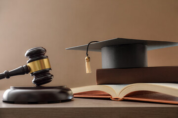 Educational trial with gavel, books, and mortarboard isolated on brown