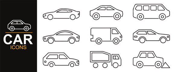 Clean and simple car icons, including a variety of vehicles such as sedans, SUVs, and delivery vans.
