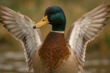 Obraz premium A duck with its wings spread out in the water