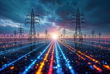 Futuristic energy grid. Power pylons and a smart grid with flowing light trails lead to a city skyline at sunset. A concept of technology.