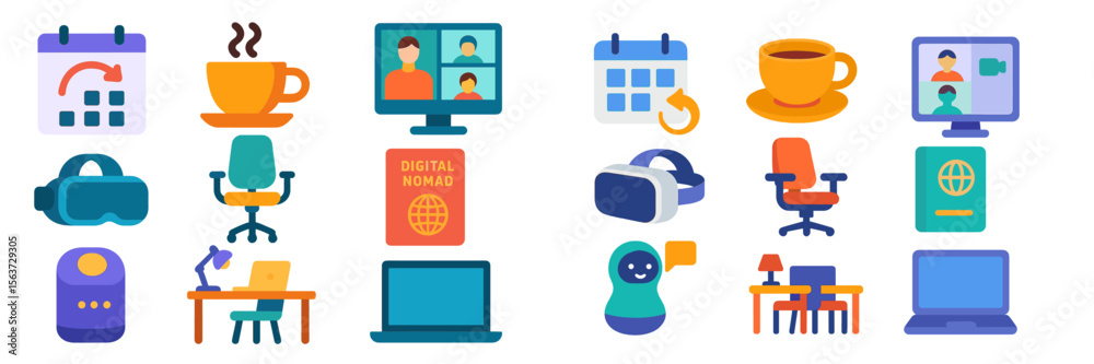 Aufkleber Digital nomad workspace concept featuring virtual meetings, technology, and creative tools for remote workers
