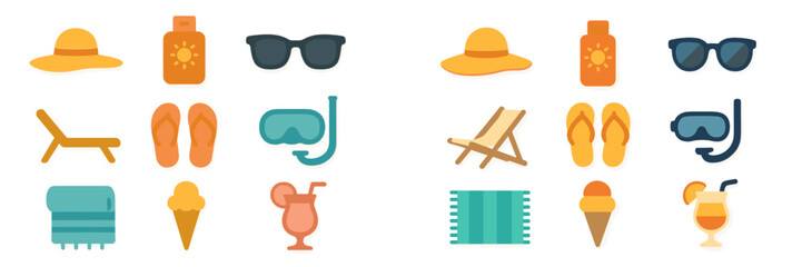 Collection of summer beach items including sunglasses, hats, and drinks for a relaxing day by the sea