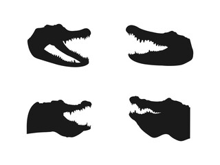 Alligator Head Icon Gator Crocodile Reptile Open Mouth Jaw Vector. Alligator Head Silhouettes Showing Different Angles. Crocodile silhouette vector art white background.