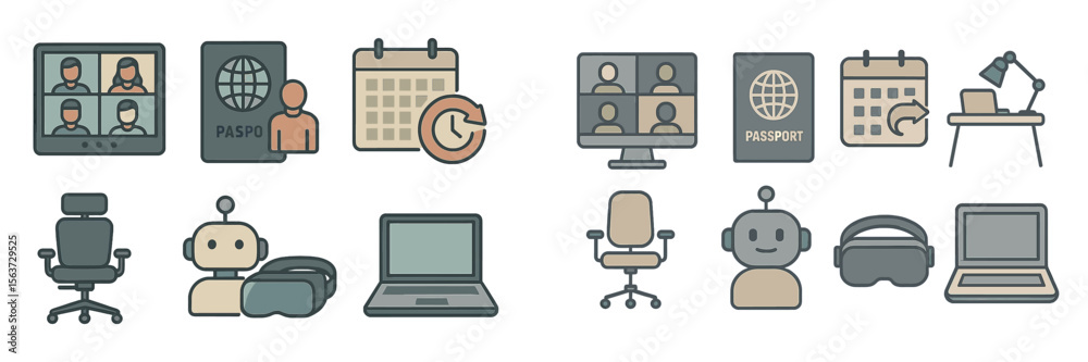 Poster icons representing remote work, digital technology, and virtual communication in a modern office set