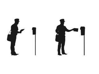 Postman symbol, black isolated silhouette. Post box icon in trendy silhouette. Silhouette of Postmen in Various Actions.