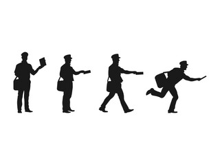 Postman symbol, black isolated silhouette. Post box icon in trendy silhouette. Silhouette of Postmen in Various Actions.