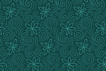 Seamless floral swirl pattern with teal lines on dark green background