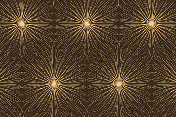 Seamless gold floral line pattern on rich brown background