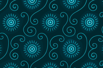 Seamless glowing teal sunburst pattern with swirling lines on dark background