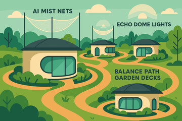 Modern eco homes with AI mist nets and curved garden paths