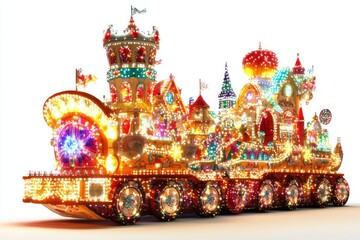 Festive Street Parade with Illuminated Floats Isolated on White Background, Depth of Field