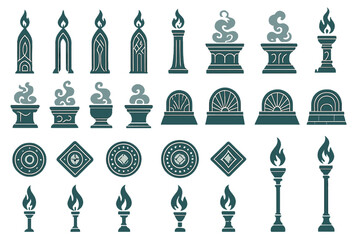 Set of teal torch and emblem icons with fantasy design elements