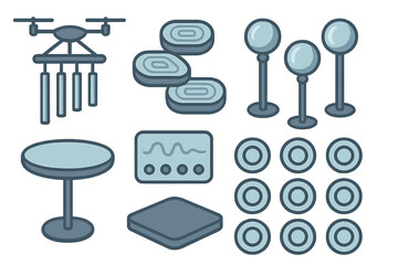 Illustrated icons of futuristic wellness tools including drone flute and balance tech