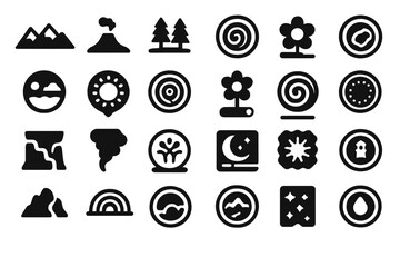 Minimalist black icon set with landforms, flora, weather, and symbols