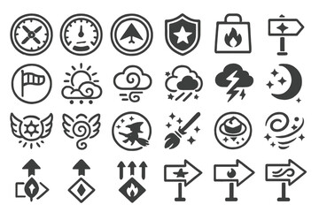 Fantasy-themed UI icons featuring weather, magic, and direction symbols