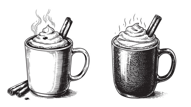 Engraved mug of hot chocolate with cream topping in vintage black line drawing style