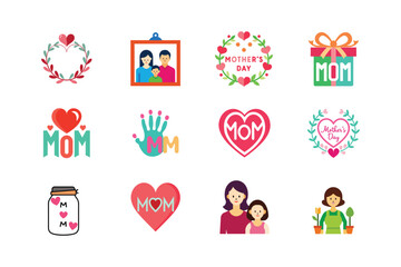 Fototapeta premium A set of mothers day items Decorative heart wreath photo frame floral gifts handmade card and jar of love notes for Mother's Day celebration Vector illustration on white background