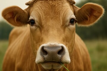 A brown cow with a green grass in its mouth
