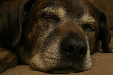 A brown and black dog laying down with its eyes closed