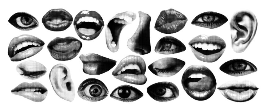 Naklejki Trendy halftone lips, eyes, nose and mouth art collage cut outs set. Torn grunge paper sticker. Modern retro mixed media vector illustration.