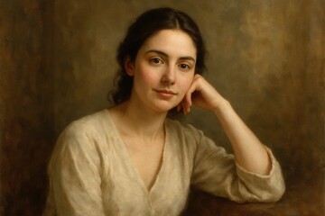Fototapeta premium A painting of a woman with her hand on her chin