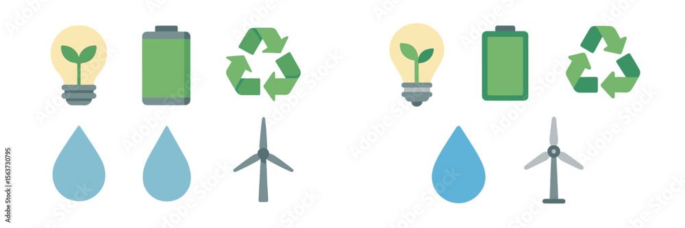 Poster Symbols representing renewable energy sources and sustainability practices in a simple design layout