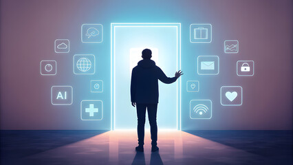 Obraz premium Person Silhouette Facing Glowing A I Interface Door