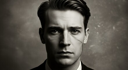 Pensive man with a scar gazes intensely into the camera, his serious expression and classic hairstyle creating a timeless portrait.