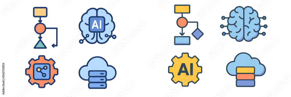 Poster innovative designs showcasing artificial intelligence concepts and cloud computing with flowcharts a