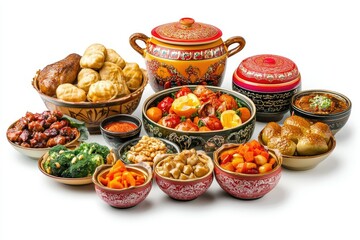 Traditional New Year Feast with Vibrant Decor Isolated on White Background, Depth of Field