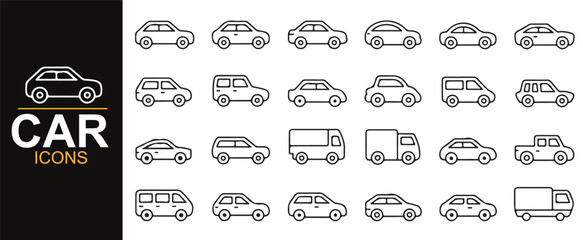 Automotive vehicle icon collection featuring cars, hatchbacks, vans, and sedans for use in transportation branding.