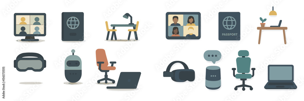 Poster Icons representing remote work, technology, and virtual interaction in a modern workspace environment