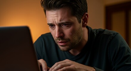 A man sits alone at night, tears streaming down his face as he stares intently at his laptop screen, overwhelmed by emotion.