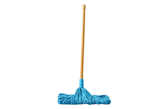 Wooden handle and mop standing white background clean full length single hygiene PNG