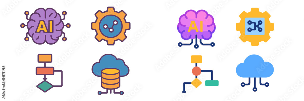 Poster Colorful AI and data processing icons representing various concepts in technology and computing environment