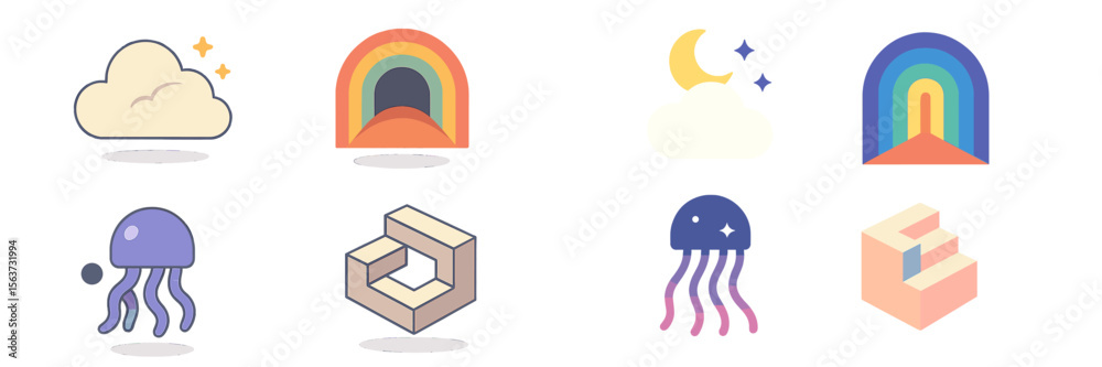 Poster colorful abstract shapes featuring clouds, rainbows, and jellyfish on a simple background