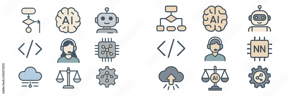 Poster Icons representing artificial intelligence concepts and technologies in a modern design layout