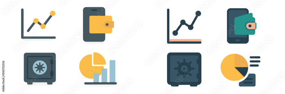 Poster Visual representation of financial data with graphs, wallets, and safe symbols illustrating investment and savings concepts