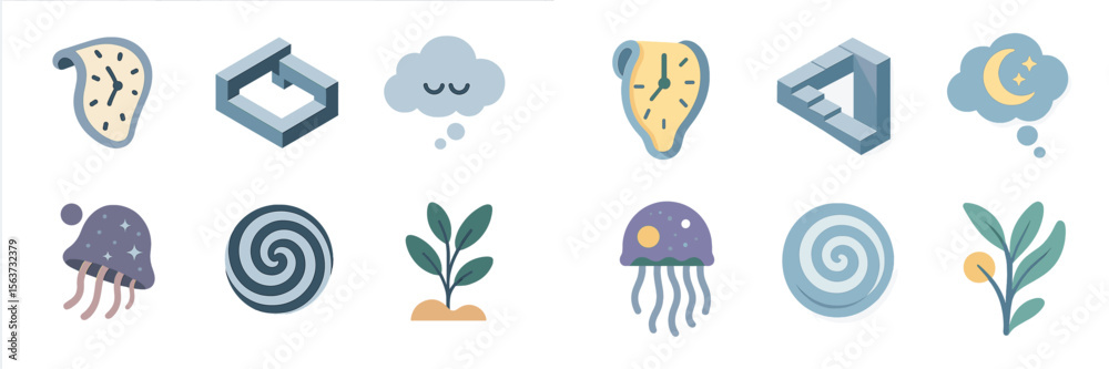 Poster Creative abstract patterns and designs featuring various shapes and natural elements in a colorful arrangement