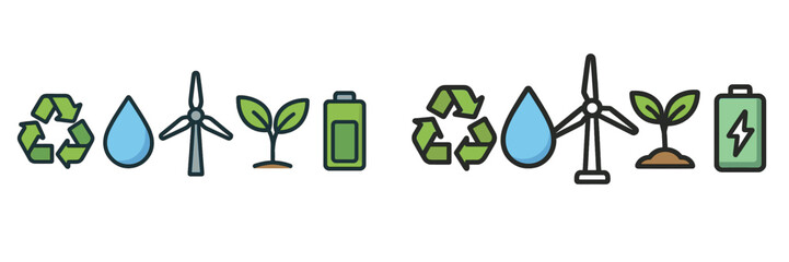 Various icons illustrate themes of sustainability, showing elements like recycling, renewable energy, water, and green plants