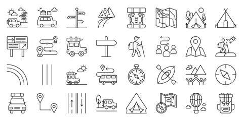 Adventure Road Journey set of web icons in line style. adventure road trip, road journey, outdoor road travel, off-road trip and wild road travel. Vector illustration