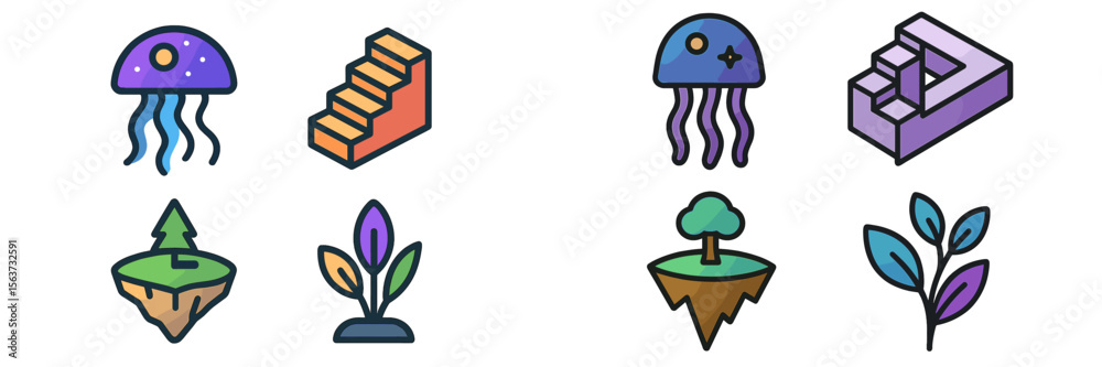 Poster Colorful abstract icons representing various concepts in a modern design layout during daytime