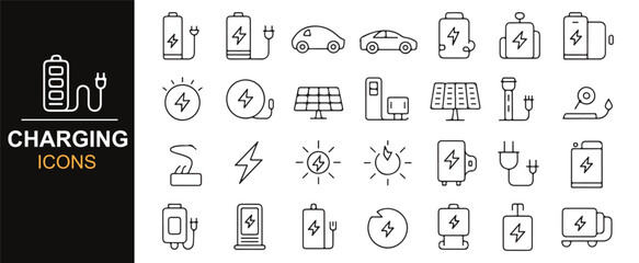Icon set showing energy, battery, and electric vehicle charging symbols in line art style for tech and environmental brands.